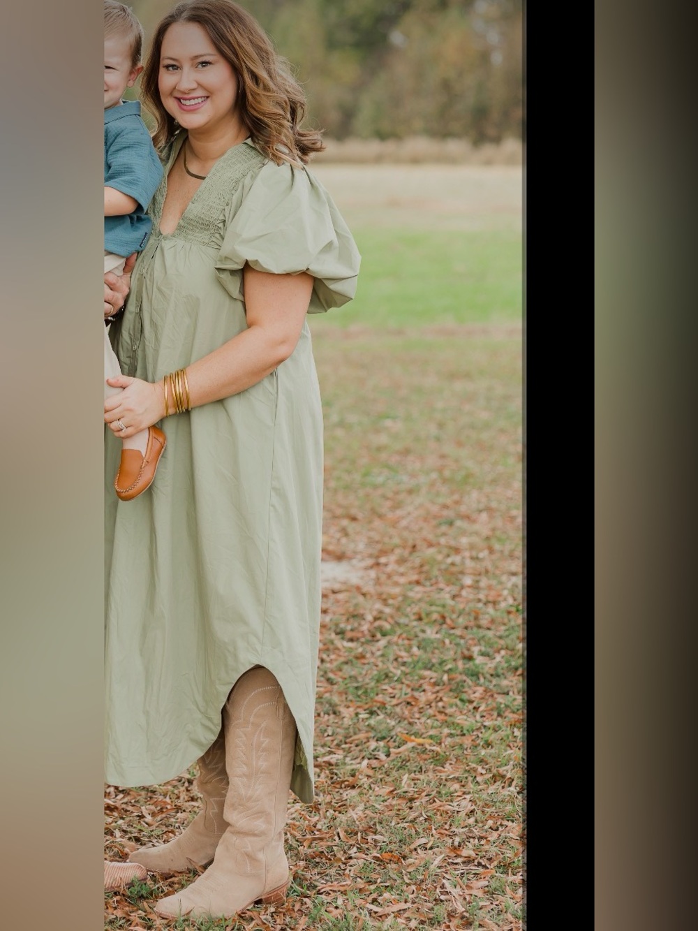 Annie Wear Smocked Puff Sleeve Midi Dress in Sage